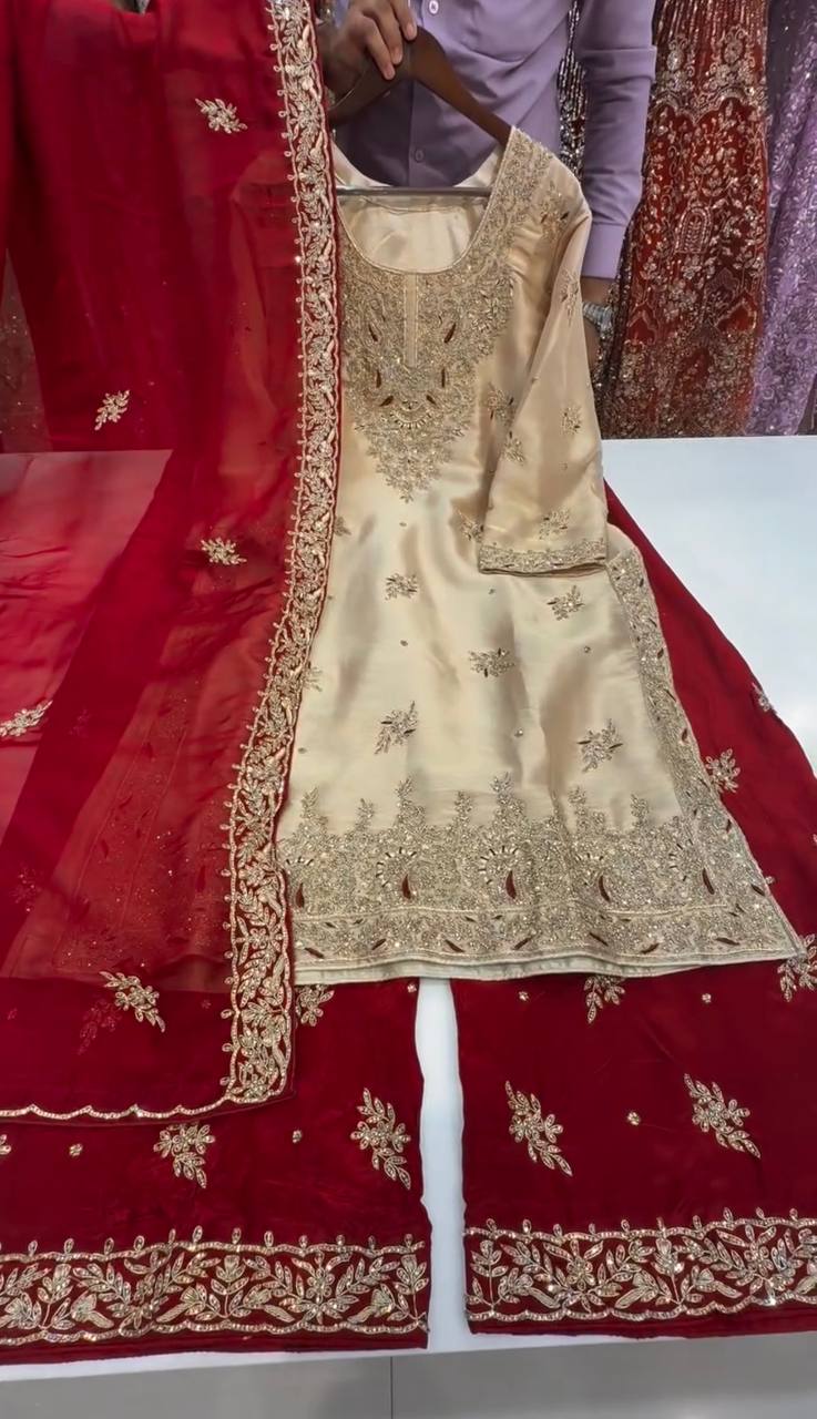 New Designer Collection In GMY SILK With Heavy Embroidery Sequence Work Top-Bottom And Dupatta Set Fully Stitched Ready To Wear