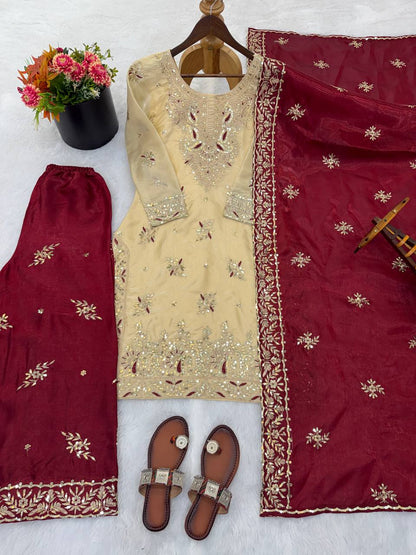 New Designer Collection In GMY SILK With Heavy Embroidery Sequence Work Top-Bottom And Dupatta Set Fully Stitched Ready To Wear