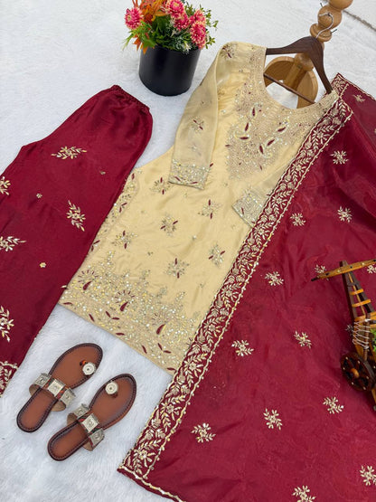 New Designer Collection In GMY SILK With Heavy Embroidery Sequence Work Top-Bottom And Dupatta Set Fully Stitched Ready To Wear