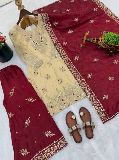 New Designer Collection In GMY SILK With Heavy Embroidery Sequence Work Top-Bottom And Dupatta Set Fully Stitched Ready To Wear