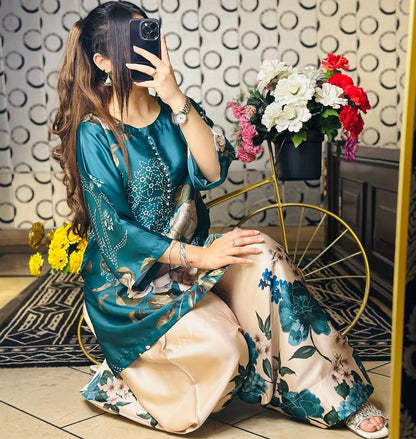 Designer Collection In Natural Crep Silk Top-Bottom And Dupatta Set Fully Stitched Ready To Wear