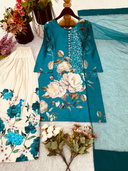 Designer Collection In Natural Crep Silk Top-Bottom And Dupatta Set Fully Stitched Ready To Wear