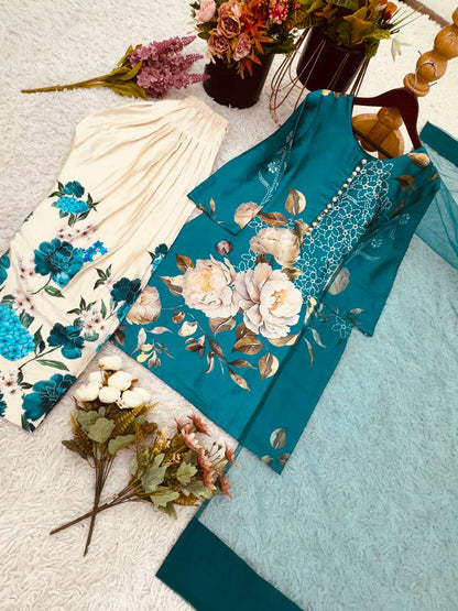 Designer Collection In Natural Crep Silk Top-Bottom And Dupatta Set Fully Stitched Ready To Wear