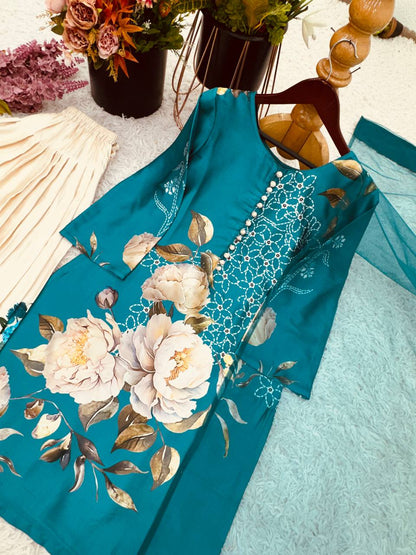Designer Collection In Natural Crep Silk Top-Bottom And Dupatta Set Fully Stitched Ready To Wear