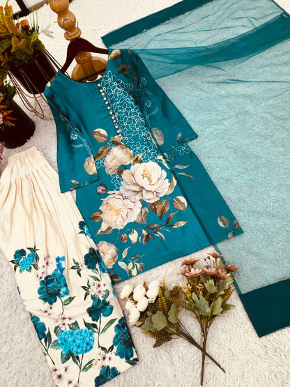 Designer Collection In Natural Crep Silk Top-Bottom And Dupatta Set Fully Stitched Ready To Wear