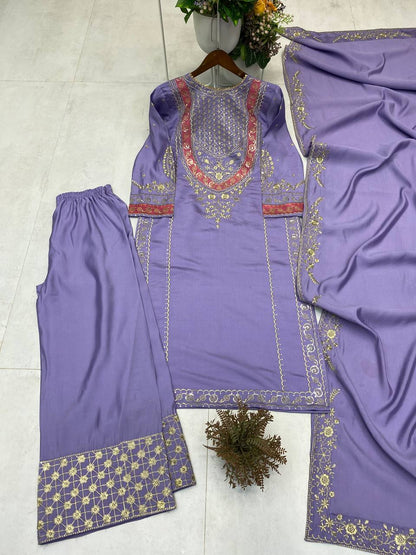 DESIGNER WEAR EMBROIDERED BOAT NECK TOP WITH PLAZZO PAIR single available wholesale
