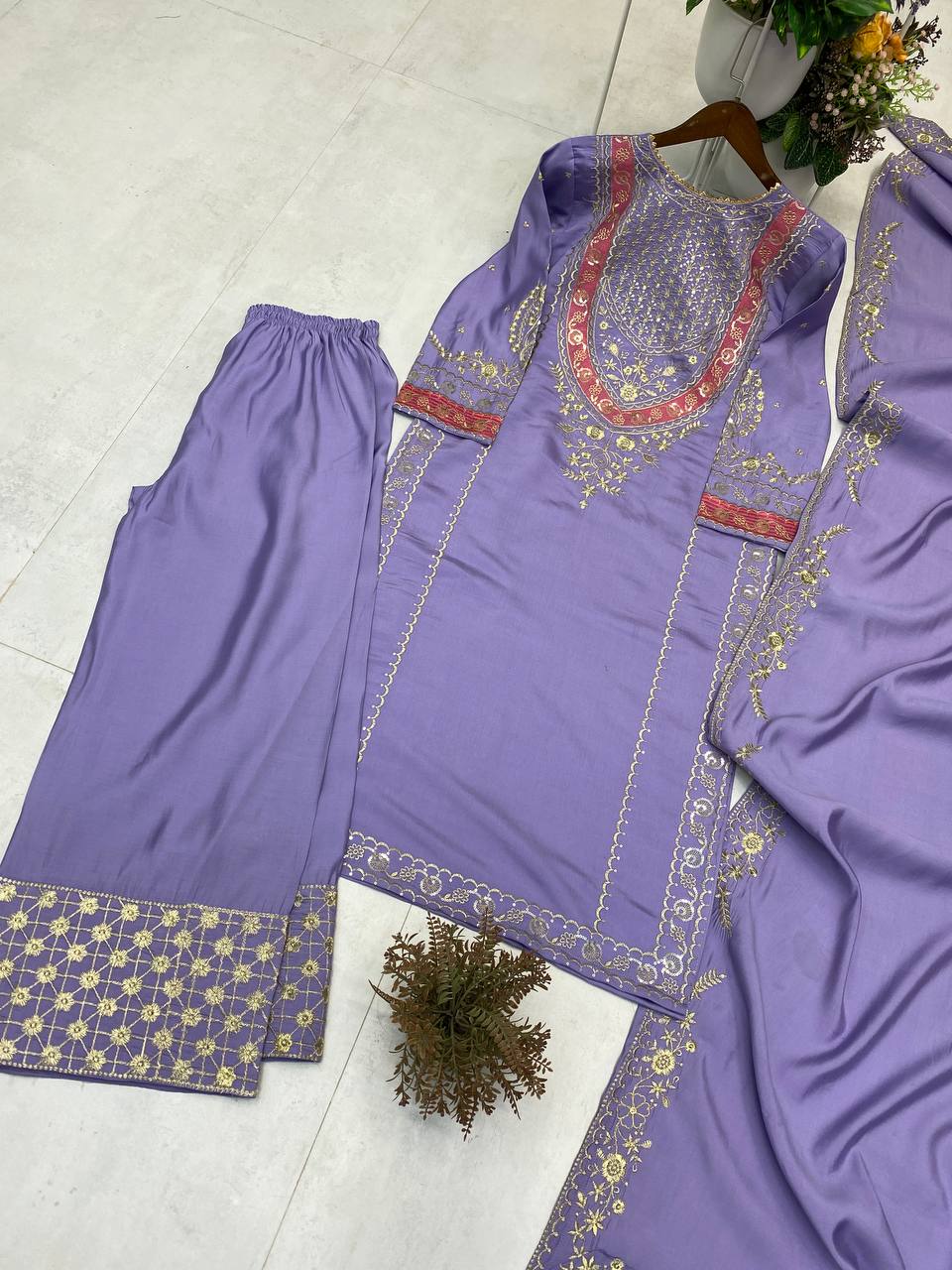 DESIGNER WEAR EMBROIDERED BOAT NECK TOP WITH PLAZZO PAIR single available wholesale