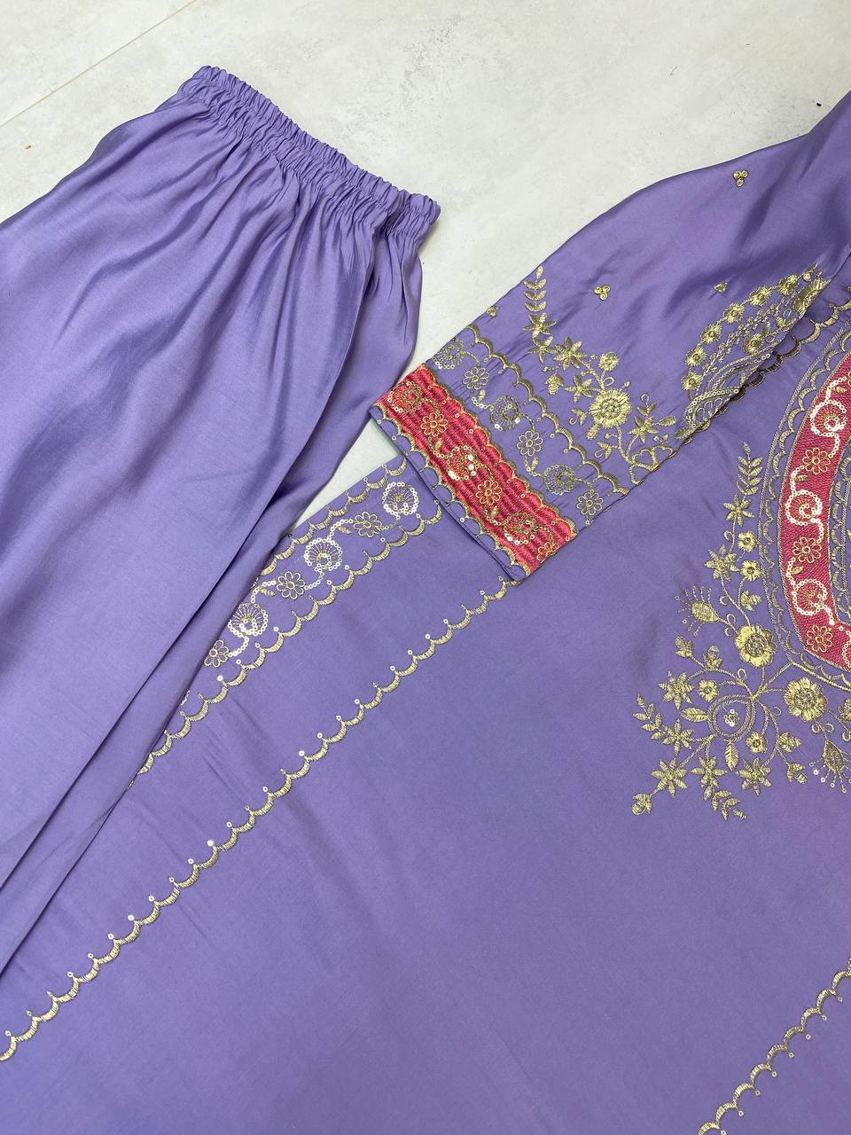 DESIGNER WEAR EMBROIDERED BOAT NECK TOP WITH PLAZZO PAIR single available wholesale
