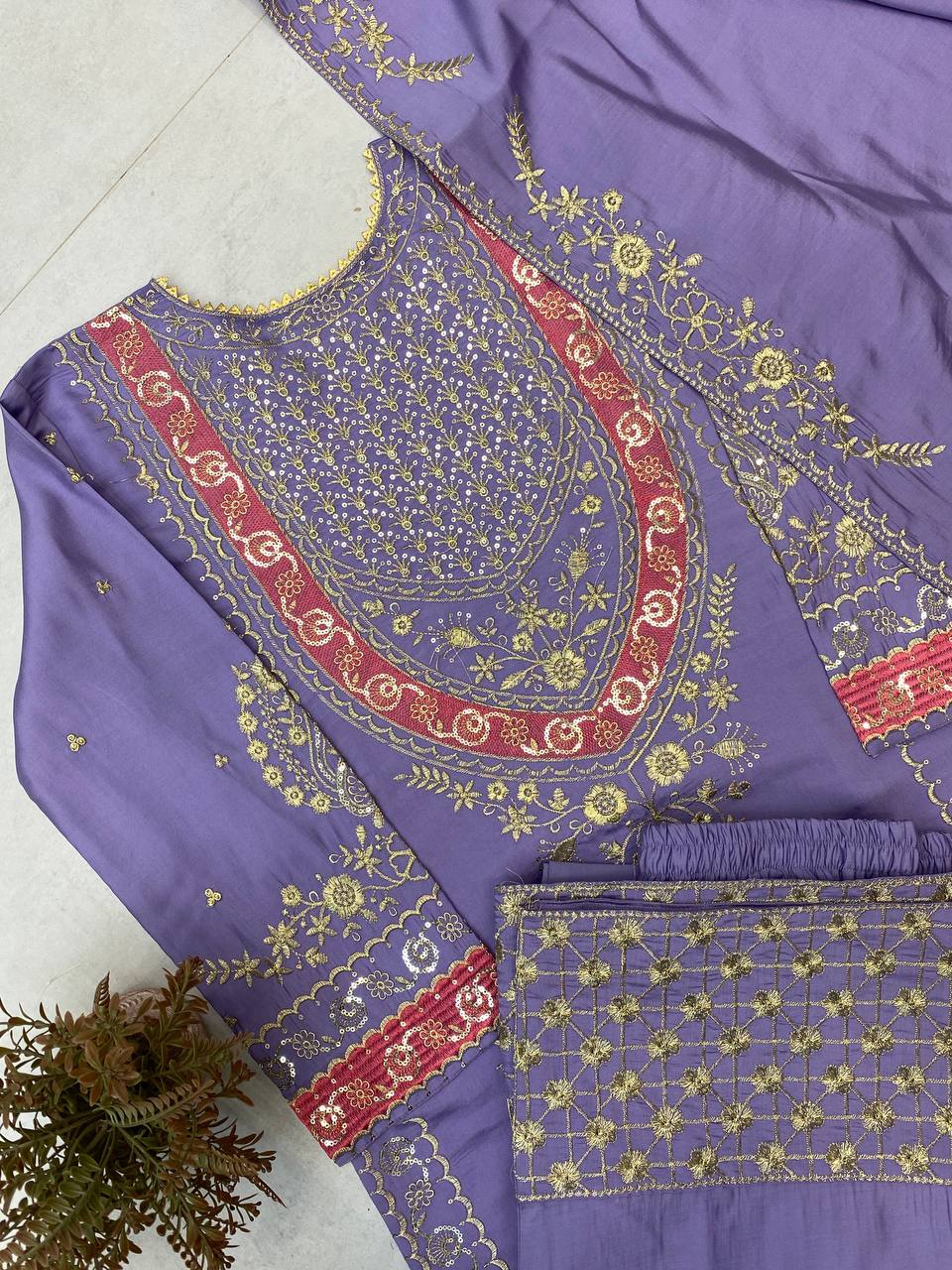 DESIGNER WEAR EMBROIDERED BOAT NECK TOP WITH PLAZZO PAIR single available wholesale