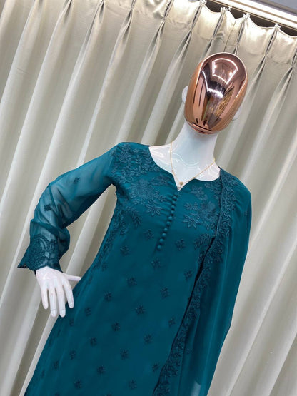 TRENDING  PUMPUM NECK TOP WITH EMBROIDERY WORK WITH PANT AND DUPATTA