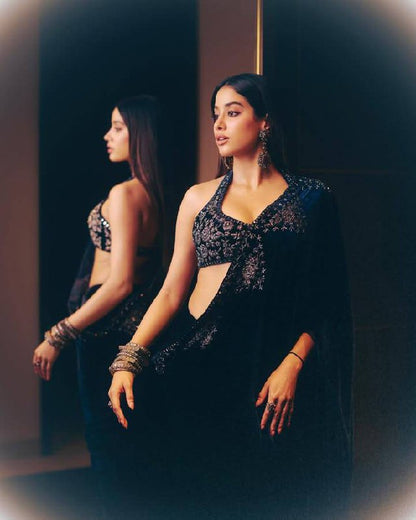 CELEBRITY INSPIRED NEW UPCOMMING SPECIAL WEDDING SUPERHIT TRENDING VELVET SAREE WITH EMBROIDERY WORK & UNSTITCHED BLOUSE