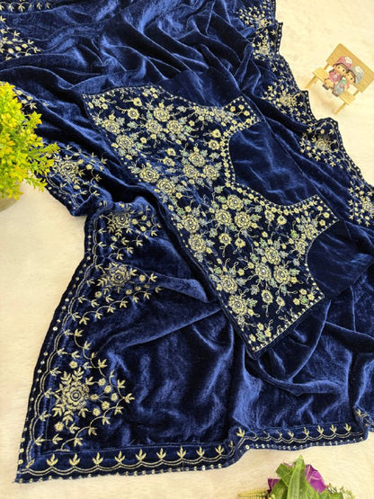 CELEBRITY INSPIRED NEW UPCOMMING SPECIAL WEDDING SUPERHIT TRENDING VELVET SAREE WITH EMBROIDERY WORK & UNSTITCHED BLOUSE