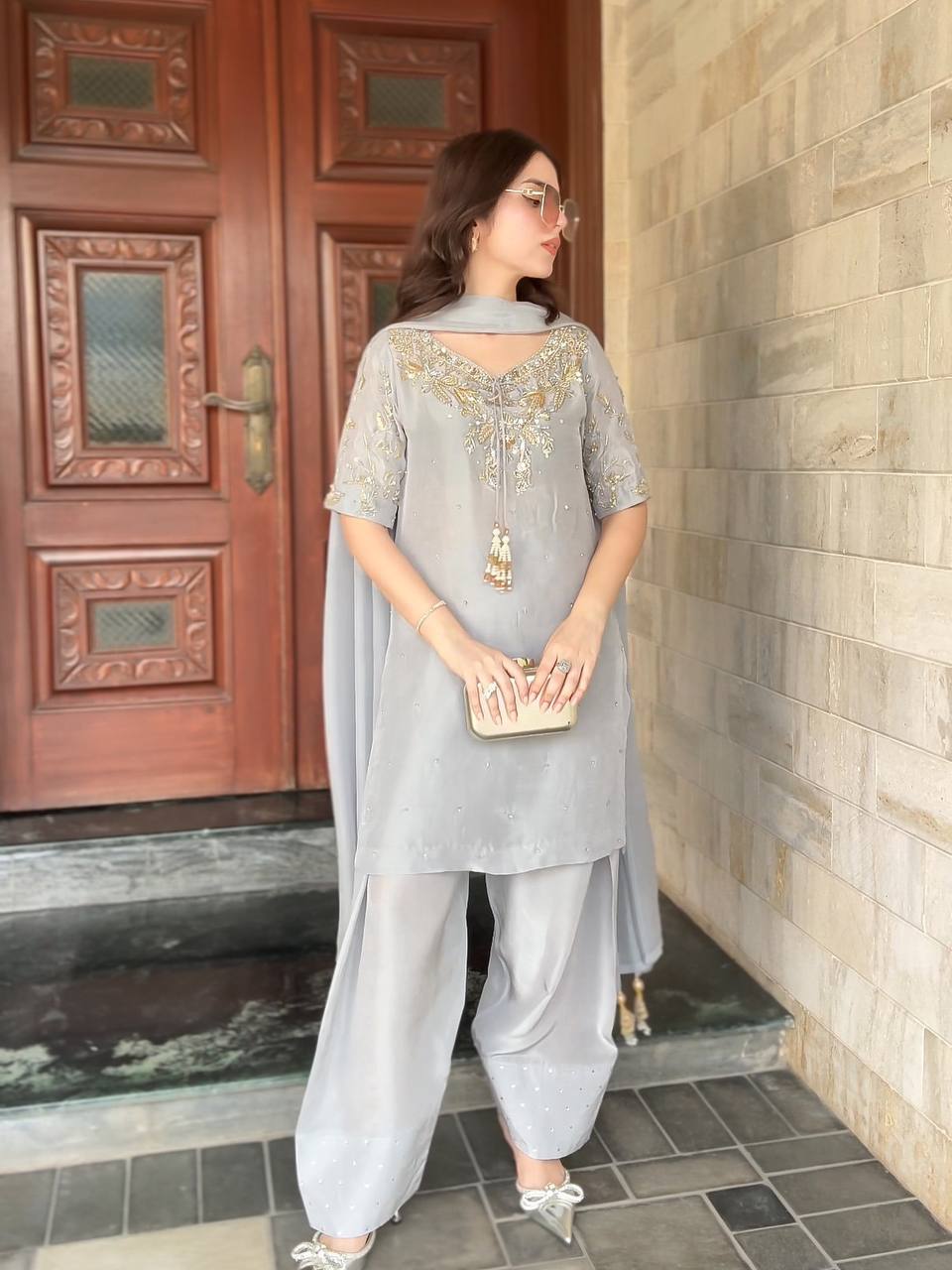 Đěsigner Party Wear Look Pur Natural Crepe Top & Farshi Palazzo With Dupatta set*