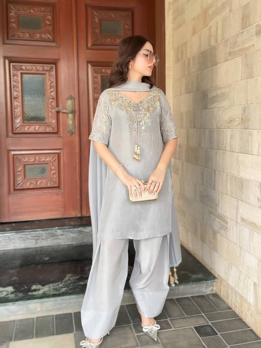 Đěsigner Party Wear Look Pur Natural Crepe Top & Farshi Palazzo With Dupatta set*