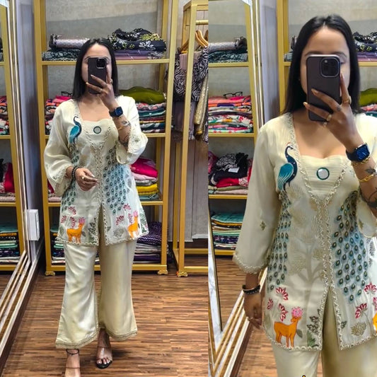 CO-ORD SET WITH FULLY EMBROIDERED KOTI ON  CHIMMAR FABRIC WITH STITCH PLAZZO