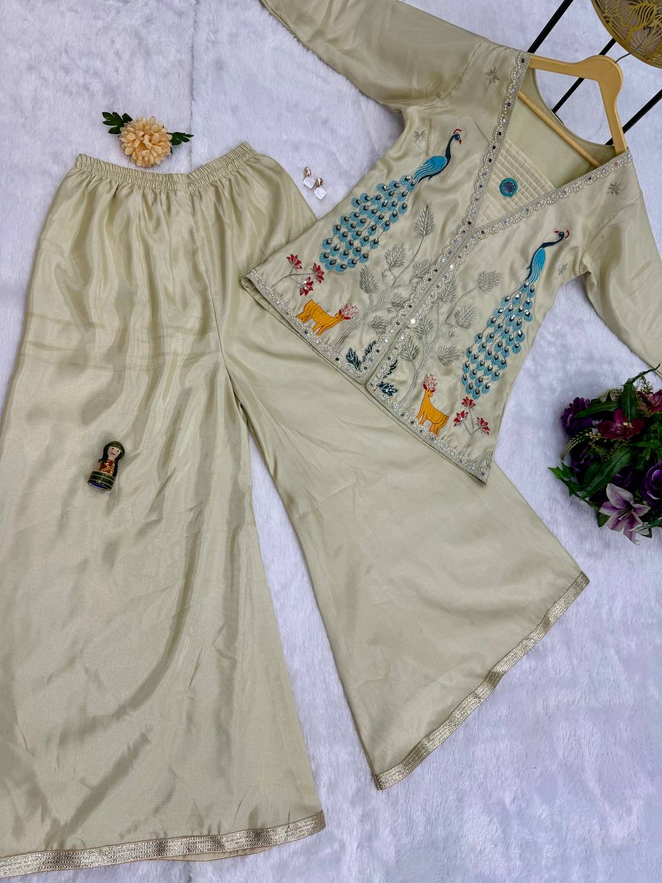 CO-ORD SET WITH FULLY EMBROIDERED KOTI ON  CHIMMAR FABRIC WITH STITCH PLAZZO