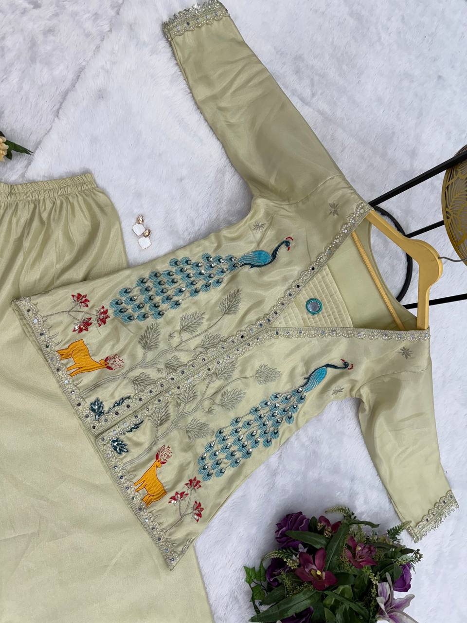 CO-ORD SET WITH FULLY EMBROIDERED KOTI ON  CHIMMAR FABRIC WITH STITCH PLAZZO