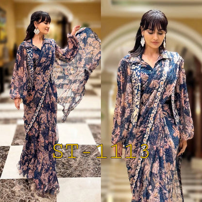 NEW SUPERHIT TRENDING INDO-WESTERN READY TO WEAR SAREE WITH FULLY EMBROIDERED MIRROR WORK KOTI ON  PRINTED GEORGETTE FABRIC WITH STITCH BLOUSE