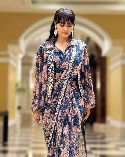 NEW SUPERHIT TRENDING INDO-WESTERN READY TO WEAR SAREE WITH FULLY EMBROIDERED MIRROR WORK KOTI ON  PRINTED GEORGETTE FABRIC WITH STITCH BLOUSE