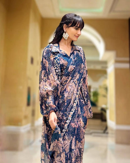 NEW SUPERHIT TRENDING INDO-WESTERN READY TO WEAR SAREE WITH FULLY EMBROIDERED MIRROR WORK KOTI ON  PRINTED GEORGETTE FABRIC WITH STITCH BLOUSE