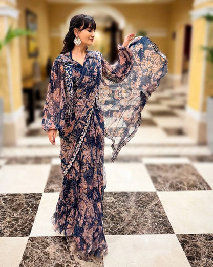 NEW SUPERHIT TRENDING INDO-WESTERN READY TO WEAR SAREE WITH FULLY EMBROIDERED MIRROR WORK KOTI ON  PRINTED GEORGETTE FABRIC WITH STITCH BLOUSE