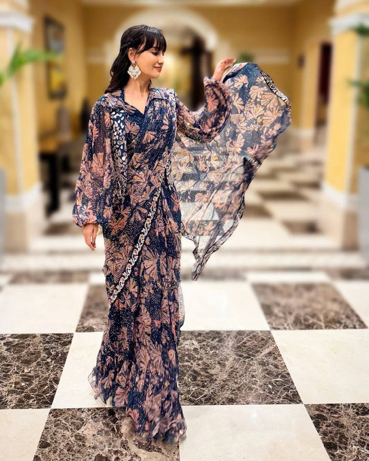 NEW SUPERHIT TRENDING INDO-WESTERN READY TO WEAR SAREE WITH FULLY EMBROIDERED MIRROR WORK KOTI ON  PRINTED GEORGETTE FABRIC WITH STITCH BLOUSE