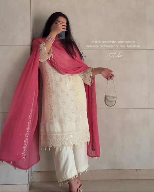 Đěsigner Party Wear Look Pur Heavy Faux Georgette Top Plazzo & Dupatta Set