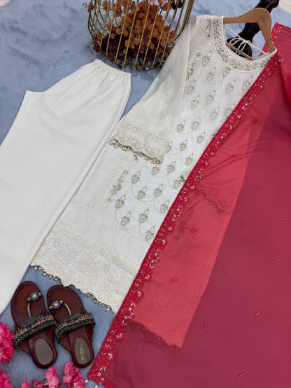 Đěsigner Party Wear Look Pur Heavy Faux Georgette Top Plazzo & Dupatta Set