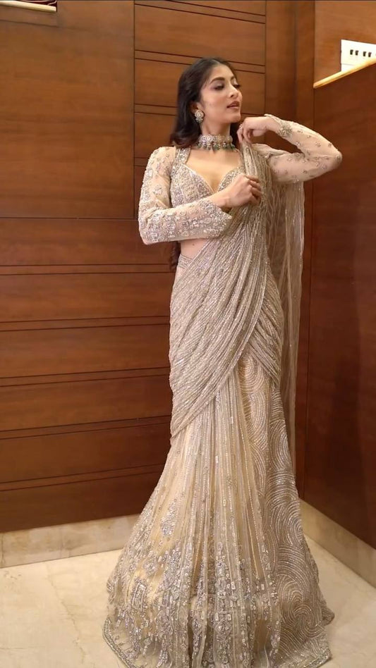 READY TO WEAR SAREE WITH LONG SLEEVES BLOUSEIN BUTTERFLY MET FABRIC*
