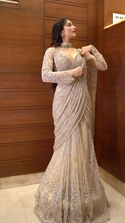 READY TO WEAR SAREE WITH LONG SLEEVES BLOUSEIN BUTTERFLY MET FABRIC*