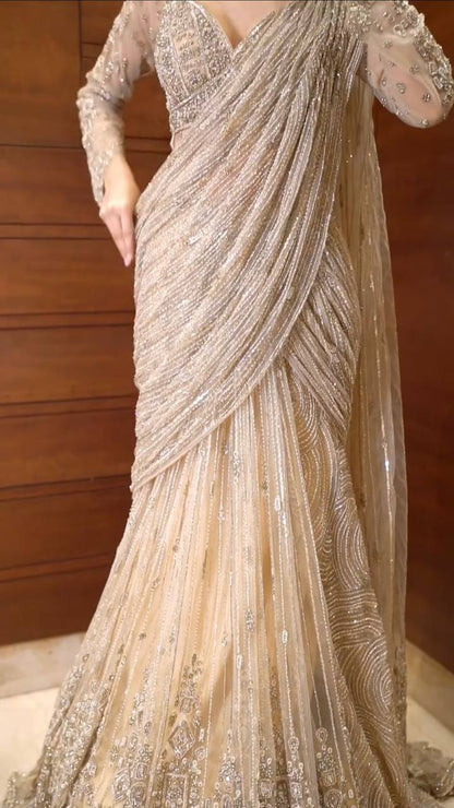 READY TO WEAR SAREE WITH LONG SLEEVES BLOUSEIN BUTTERFLY MET FABRIC*