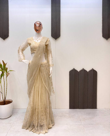 READY TO WEAR SAREE WITH LONG SLEEVES BLOUSEIN BUTTERFLY MET FABRIC*