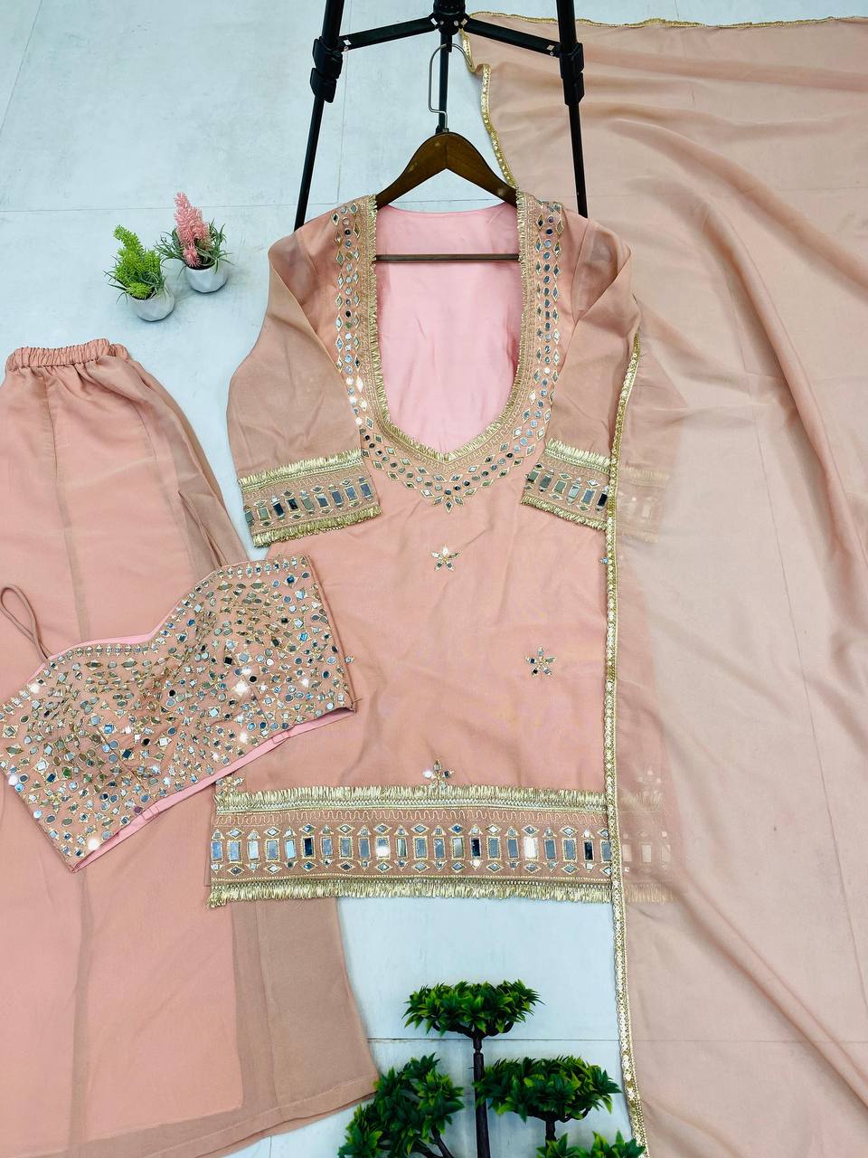 4 PIECE PLAZZO PAIR WITH REAL MIRROR AND EMBROIDERY WORK single available wholesale