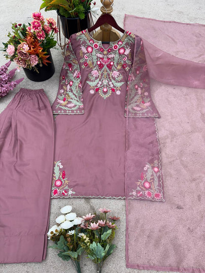 New Designer Collection In Natural Crep Silk Top-Bottom And Dupatta Set Fully Stitched Ready To Wear