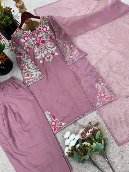 New Designer Collection In Natural Crep Silk Top-Bottom And Dupatta Set Fully Stitched Ready To Wear