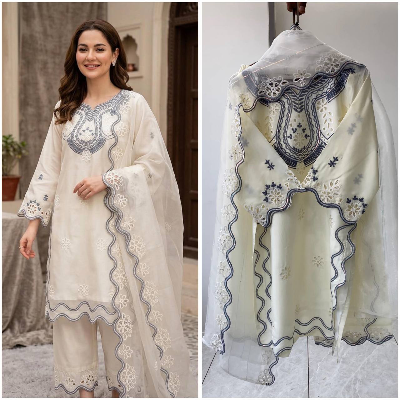 HANIA AMIR INSPIRED THIS SUMMER SEASON WEAR PAKISTANI SUIT WITH SEQUENCE EMBROIDERED CUT WORKED TOP, PLAZZO AND DUPATTA