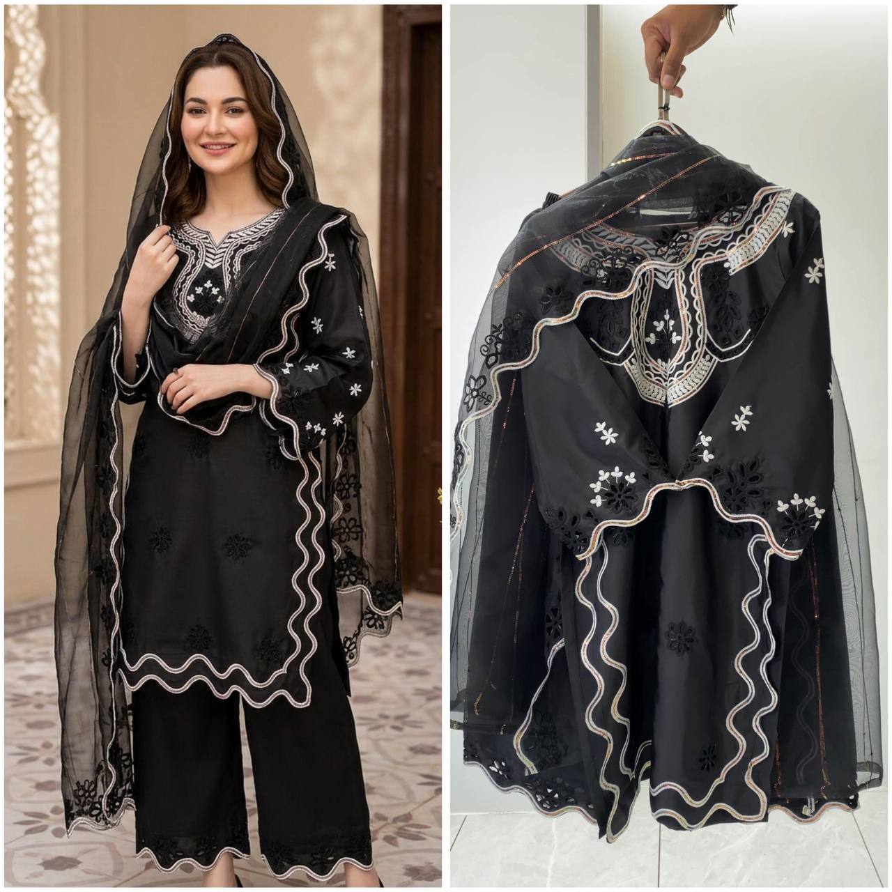 HANIA AMIR INSPIRED THIS SUMMER SEASON WEAR PAKISTANI SUIT WITH SEQUENCE EMBROIDERED CUT WORKED TOP, PLAZZO AND DUPATTA