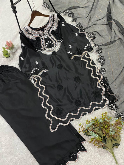 HANIA AMIR INSPIRED THIS SUMMER SEASON WEAR PAKISTANI SUIT WITH SEQUENCE EMBROIDERED CUT WORKED TOP, PLAZZO AND DUPATTA
