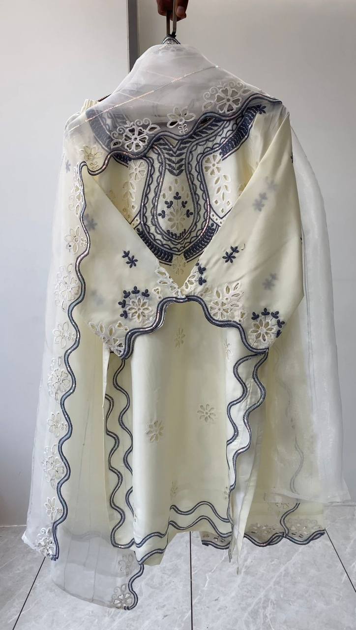 HANIA AMIR INSPIRED THIS SUMMER SEASON WEAR PAKISTANI SUIT WITH SEQUENCE EMBROIDERED CUT WORKED TOP, PLAZZO AND DUPATTA