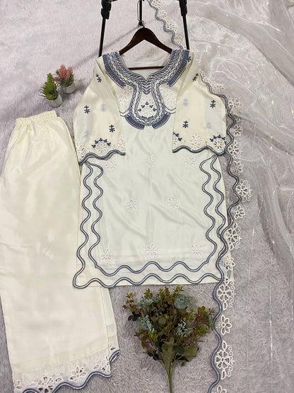 HANIA AMIR INSPIRED THIS SUMMER SEASON WEAR PAKISTANI SUIT WITH SEQUENCE EMBROIDERED CUT WORKED TOP, PLAZZO AND DUPATTA