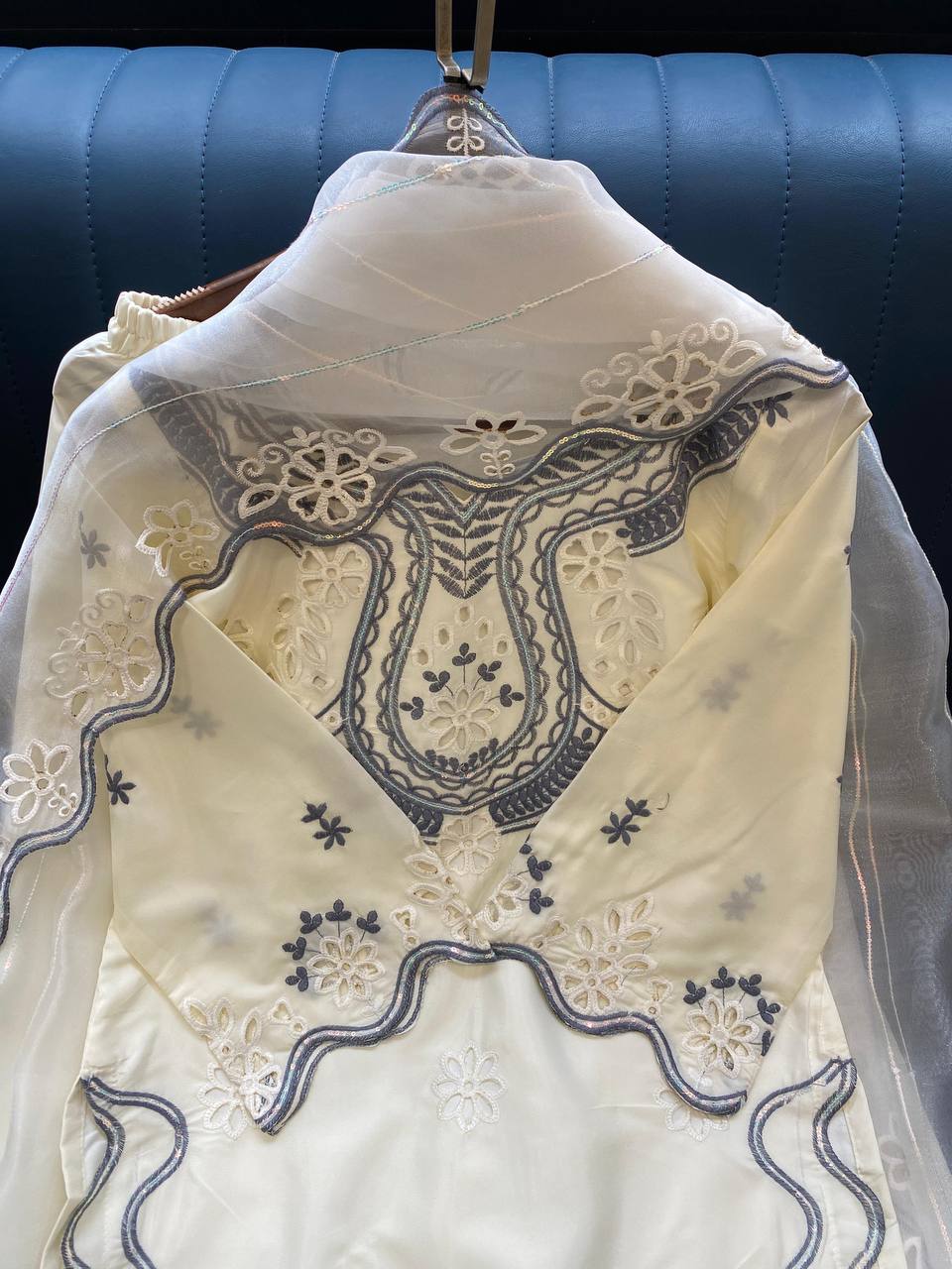 HANIA AMIR INSPIRED THIS SUMMER SEASON WEAR PAKISTANI SUIT WITH SEQUENCE EMBROIDERED CUT WORKED TOP, PLAZZO AND DUPATTA