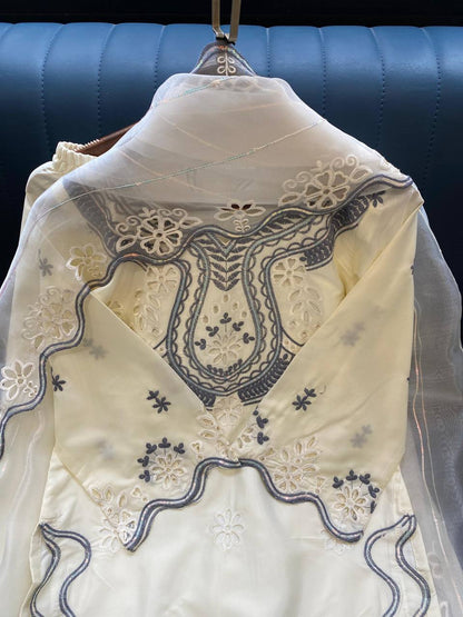 HANIA AMIR INSPIRED THIS SUMMER SEASON WEAR PAKISTANI SUIT WITH SEQUENCE EMBROIDERED CUT WORKED TOP, PLAZZO AND DUPATTA