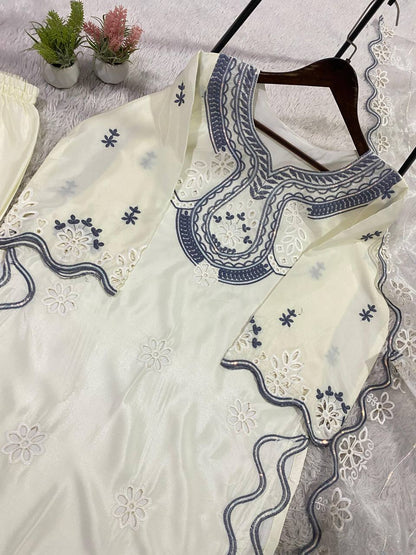 HANIA AMIR INSPIRED THIS SUMMER SEASON WEAR PAKISTANI SUIT WITH SEQUENCE EMBROIDERED CUT WORKED TOP, PLAZZO AND DUPATTA