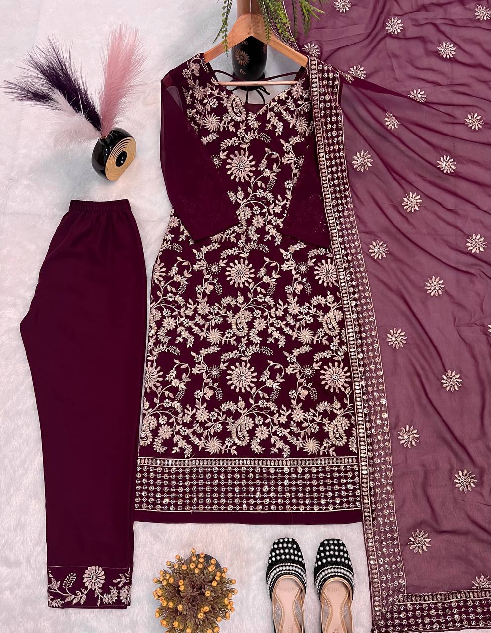 FANCY FAUX GEORGETTE SEQUENCE EMBROIDERED WORK TOP AND PENT WITH DUPATTA