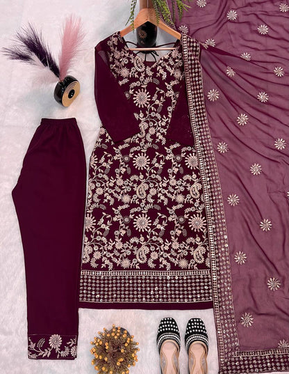 FANCY FAUX GEORGETTE SEQUENCE EMBROIDERED WORK TOP AND PENT WITH DUPATTA