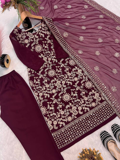 FANCY FAUX GEORGETTE SEQUENCE EMBROIDERED WORK TOP AND PENT WITH DUPATTA