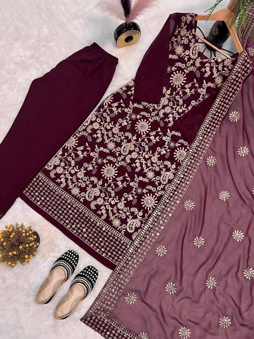 FANCY FAUX GEORGETTE SEQUENCE EMBROIDERED WORK TOP AND PENT WITH DUPATTA