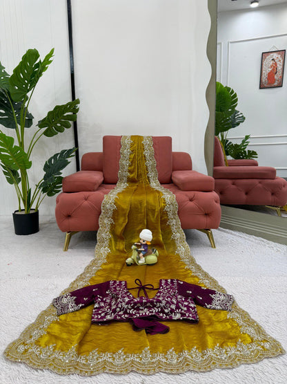 Looking some one for this same colour beautiful Designer Saree on Fendy silk Febric with Thred & Sequnce wok and Blouse on also Fendy silk Febric With Thred & Sequnce work