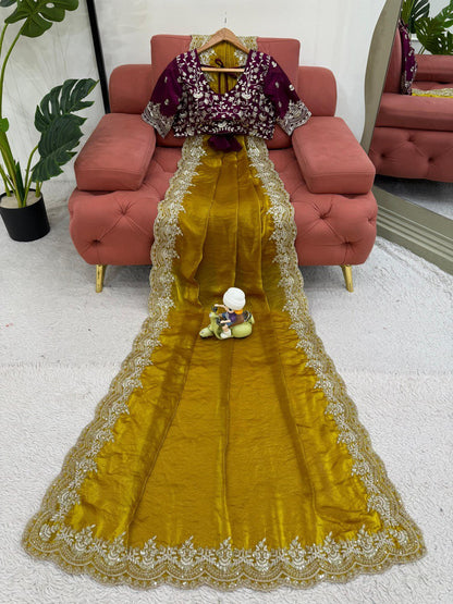 Looking some one for this same colour beautiful Designer Saree on Fendy silk Febric with Thred & Sequnce wok and Blouse on also Fendy silk Febric With Thred & Sequnce work