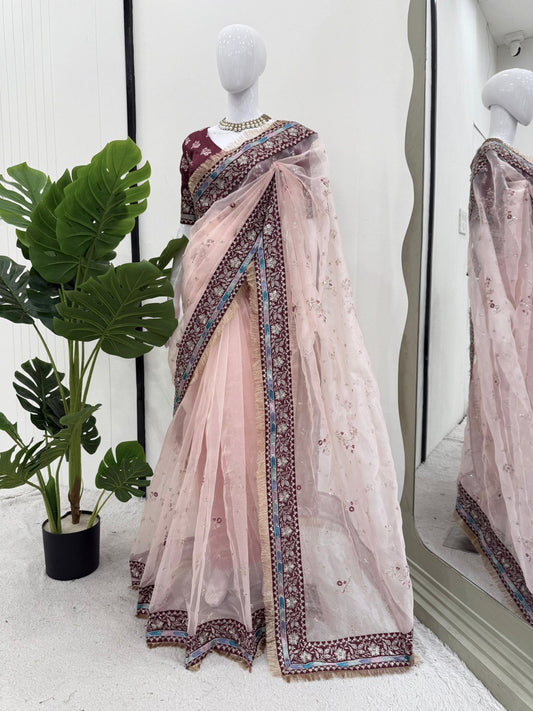 Looking some one for this same colour beautiful Designer Saree on Havy Organza Silk Febric with Thred & Sequnce work and Blouse on Mono Benglori Silk Febric With Thred & Sequnce work